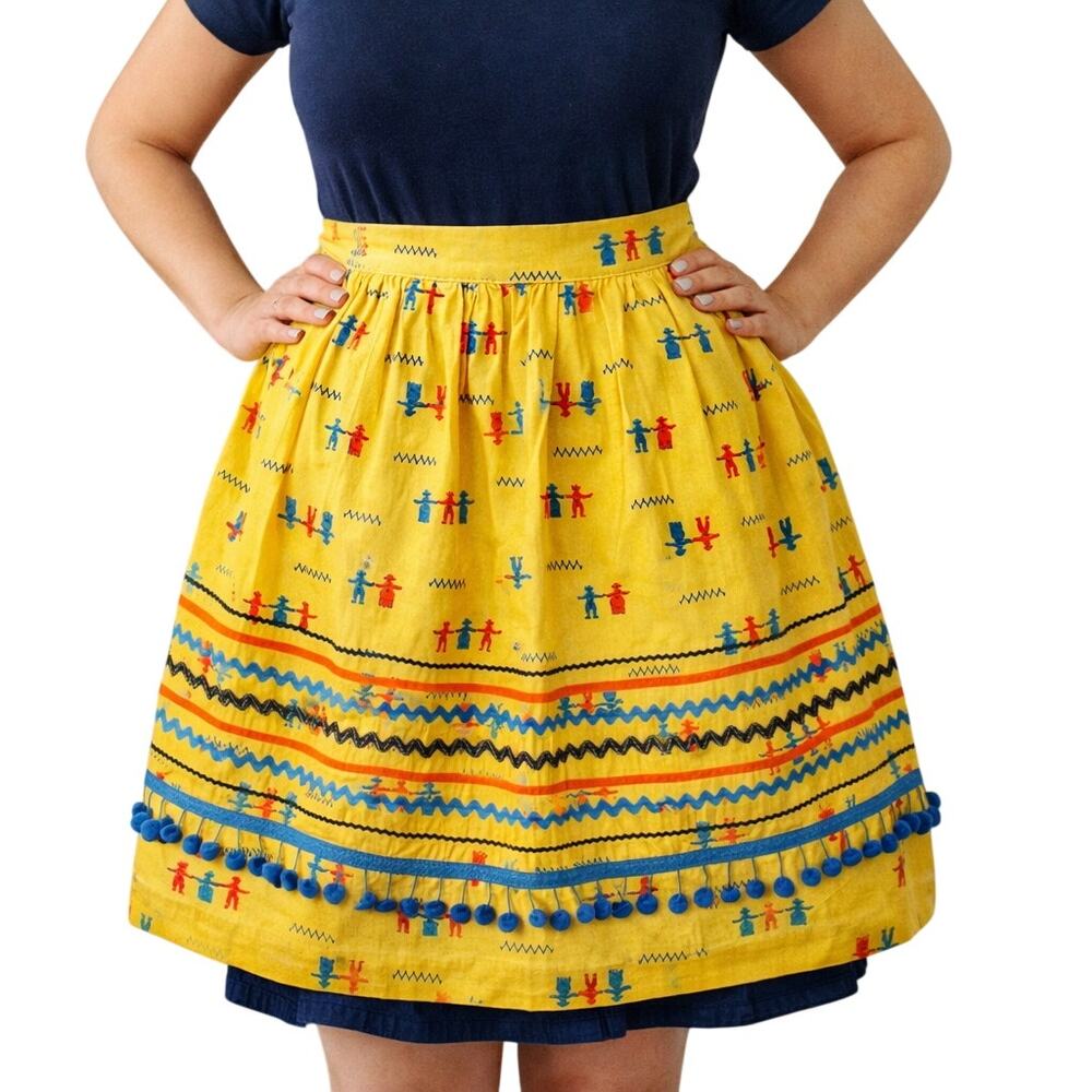 Vintage 60s Waist Apron Yellow Dutch Folk Print Pom Pom Lined